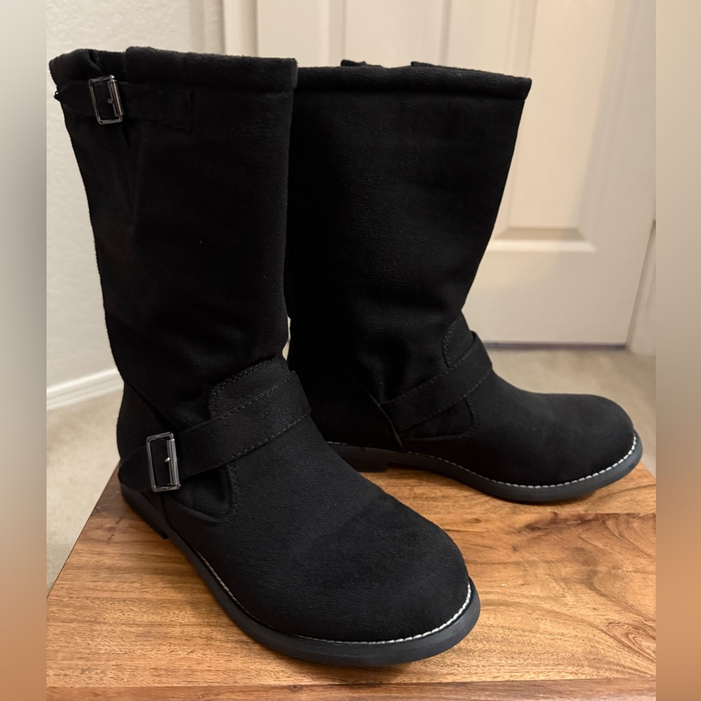 Black faux Suede Mid-Calf Boots with Buckle